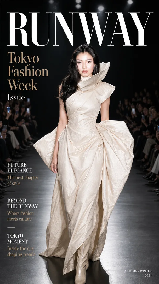 Turn this photo into a fashion magazine cover. The masthead at the top reads exactly "RUNWAY" in bold serif capitals; add the cover line "Tokyo Fashion Week Issue". Do not use the name of any real magazine. The last image is a photo of the same woman: use it only as the reference for her face, which must stay identical to it.