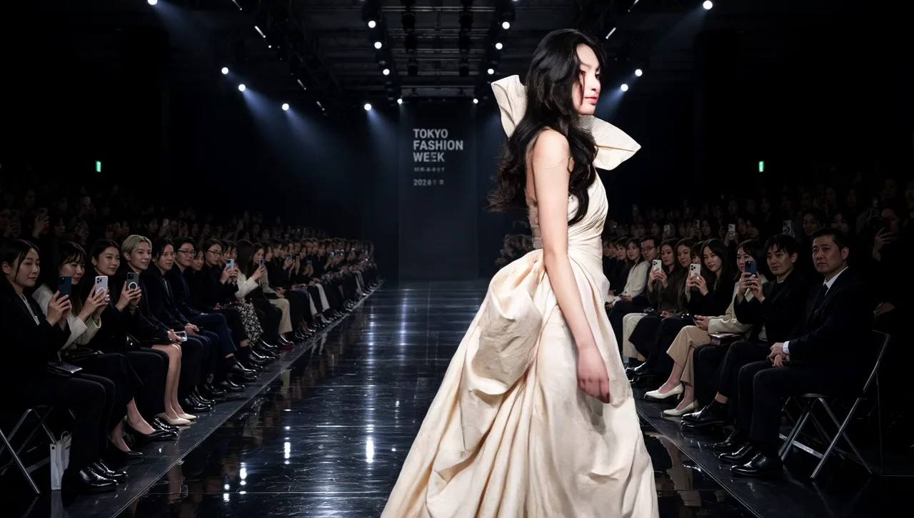 She reaches the end of the runway, turns on her heel and poses for the photographers as camera flashes fire