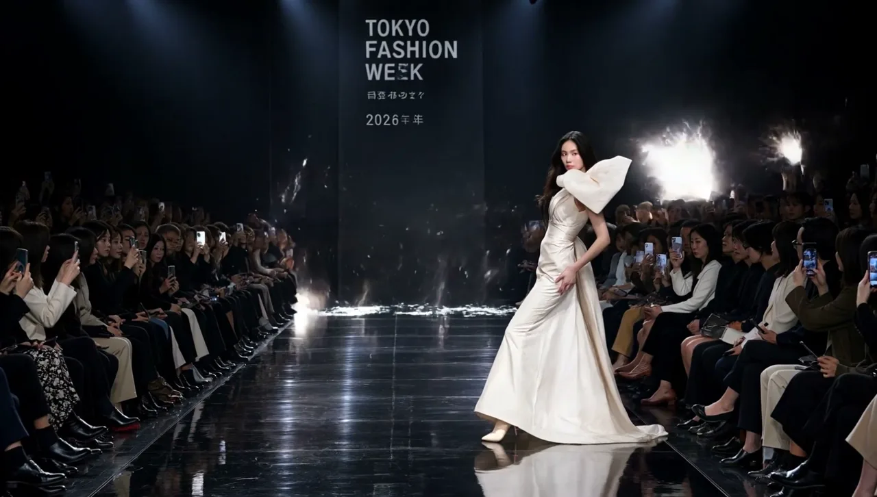 She turns and walks back up the runway as the audience applauds, the spotlights following her
