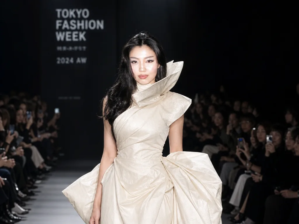 Keep her face exactly as it is in the photo: the same eyes, eyebrows, nose, lips, jawline, skin tone and long dark hair. Do not beautify, slim or change her face. Place her on a high-fashion runway at Tokyo Fashion Week, wearing an avant-garde ivory couture gown with a sculptural high collar. Medium-full shot from the knees up, her face lit and clearly visible, dramatic runway spotlights, a blurred audience on both sides, editorial fashion photography