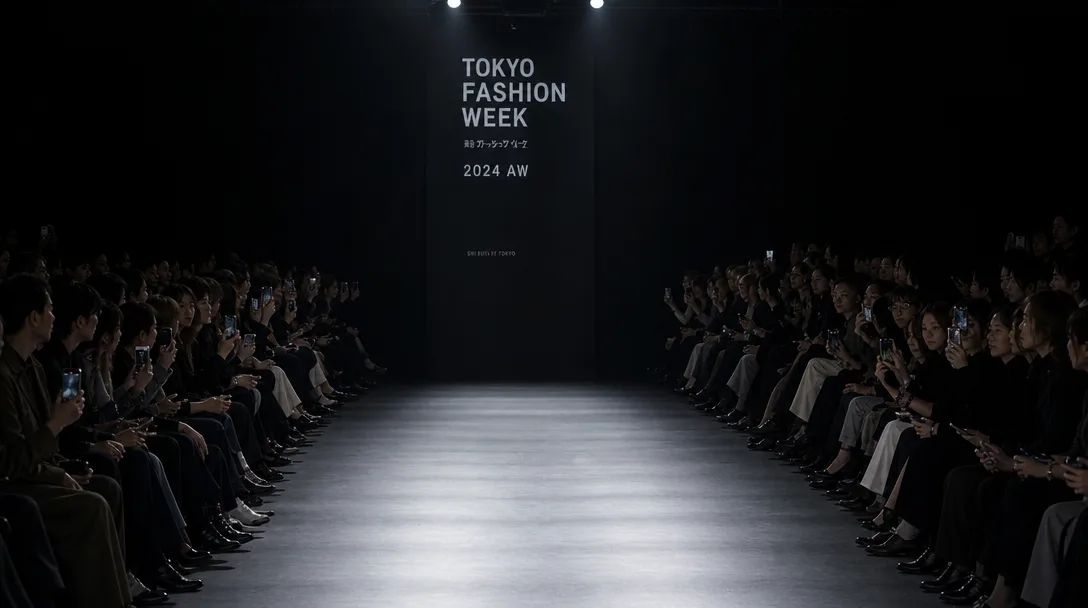Remove the woman completely and show the same runway empty, ready for the show: the same stage, spotlights, lighting and audience, nobody on the runway.