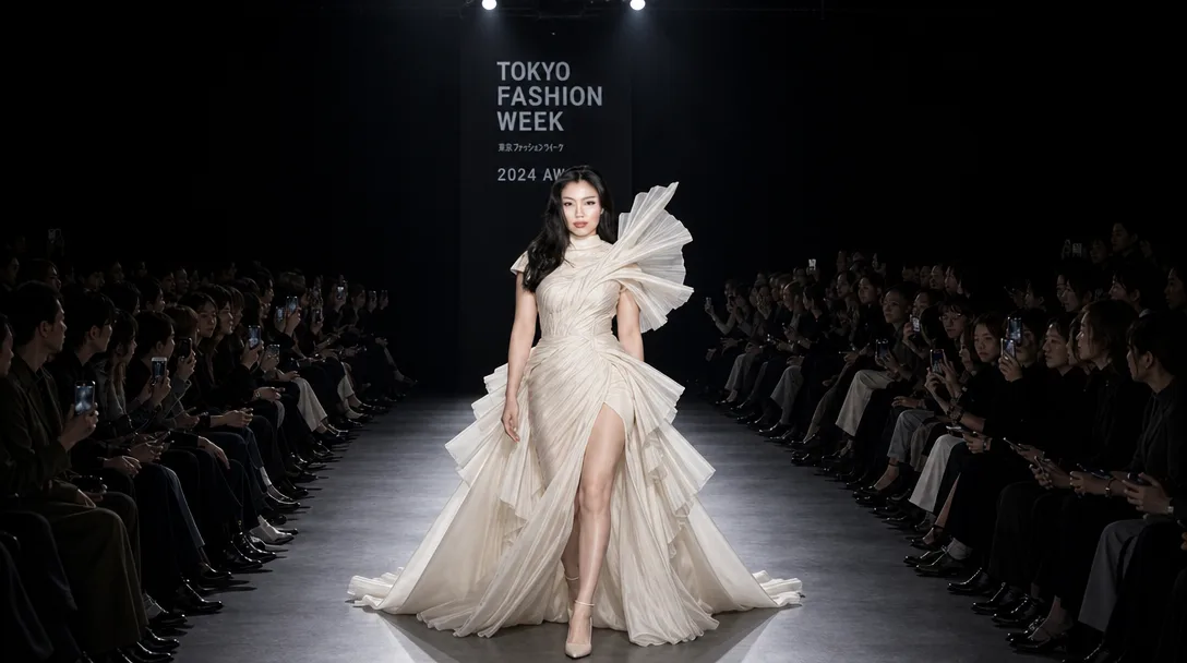 Place @Haruka on this runway, walking toward the camera in an avant-garde ivory couture gown, lit by the spotlights. Keep her face exactly as in her reference photo.