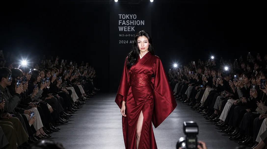 @Haruka poses at the end of this runway wearing @Gown, photographers flashing below her. Keep her face exactly as in her reference photo and the dress exactly as in its reference.