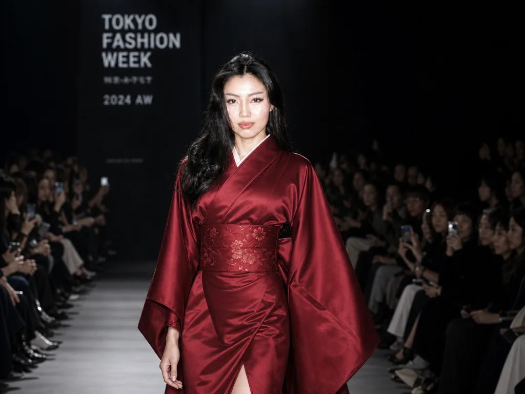 Change her gown to a deep red silk kimono-inspired dress with a wide obi sash; keep the pose and the runway the same. The last image is a photo of the same woman: use it only as the reference for her face, which must stay identical to it.
