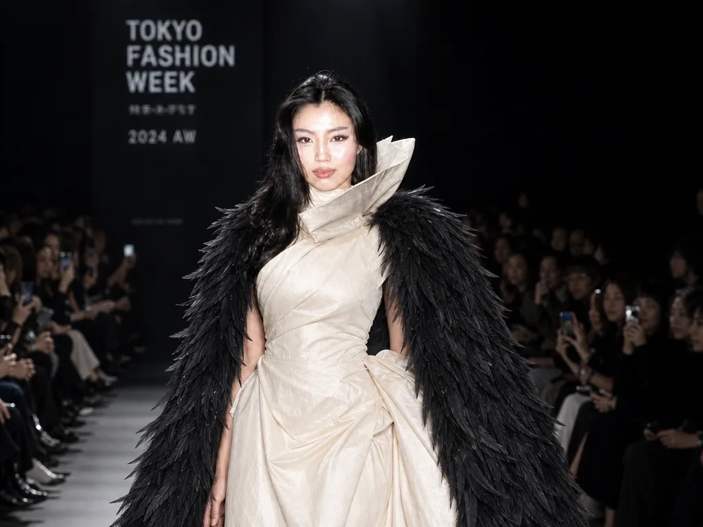 Add a dramatic black feathered cape over her shoulders; keep the pose and the runway the same. The last image is a photo of the same woman: use it only as the reference for her face, which must stay identical to it.
