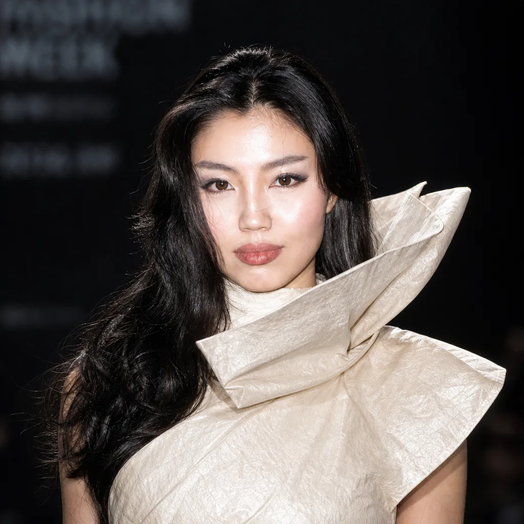 Close-up portrait of her face and shoulders on the runway, sculptural ivory collar framing her face, spotlight on her face, shallow depth of field, magazine editorial. The last image is a photo of the same woman: use it only as the reference for her face, which must stay identical to it.