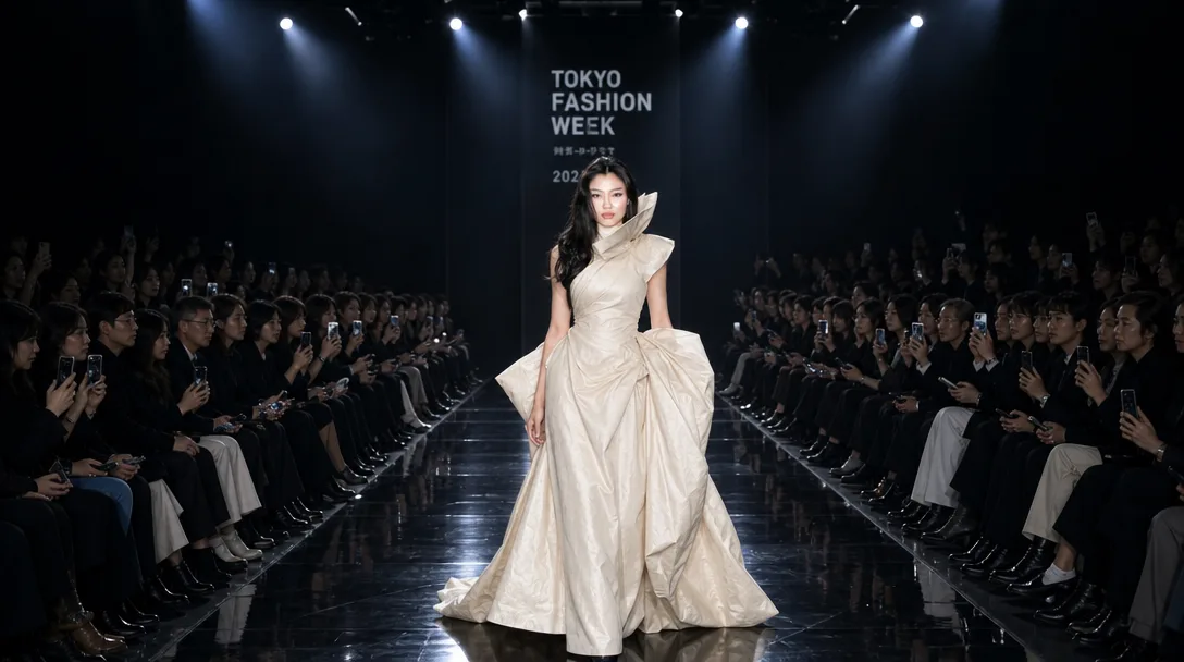 Reframe as a wide cinematic shot: she stands at the top of a long glossy runway about to walk, packed audience on both sides, cool white spotlights, her face clearly visible. The last image is a photo of the same woman: use it only as the reference for her face, which must stay identical to it.