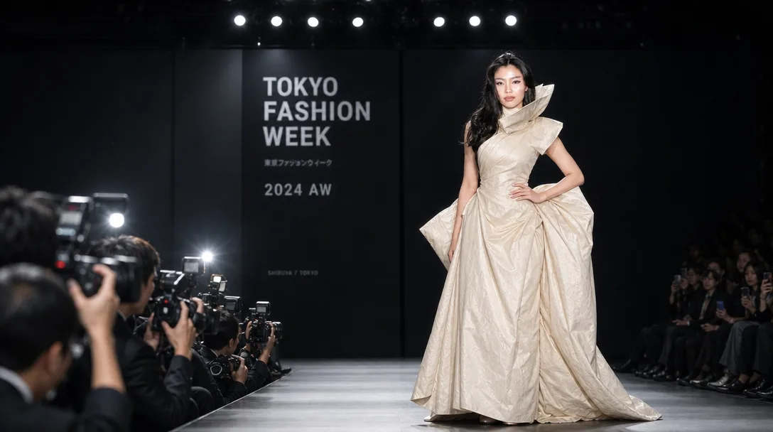 Reframe as a wide cinematic shot: she poses at the very end of the runway, one hand on her hip, photographers below her with camera flashes firing, her face clearly visible. The last image is a photo of the same woman: use it only as the reference for her face, which must stay identical to it.