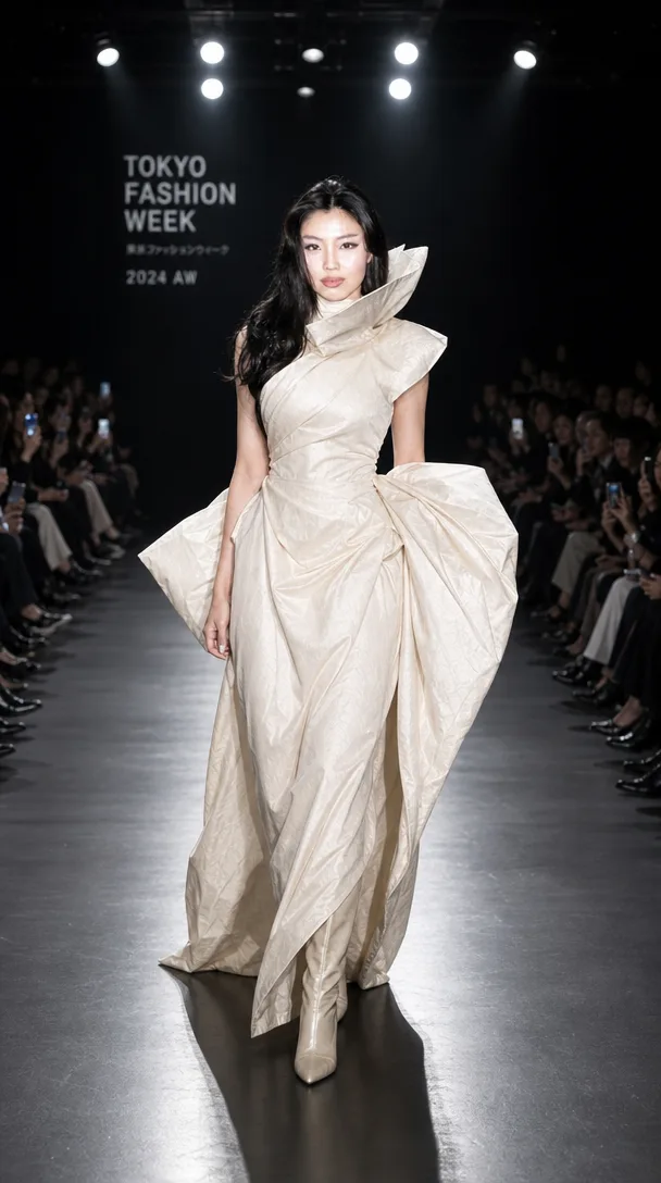 Reframe as a vertical full-length shot: she is mid-stride on the runway walking toward the camera, spotlights behind her, her face clearly visible. The last image is a photo of the same woman: use it only as the reference for her face, which must stay identical to it.